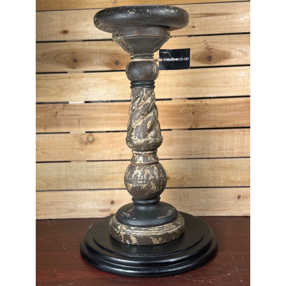 Creative Co-Op 15in Hand Finished Wood Pillar Candle Holder Distressed Brown NWT